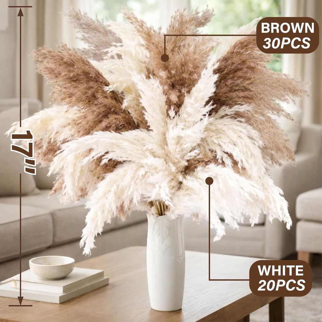50PCS Tall Dried Pampas Grass Stems 17" for Floor Vase Decor