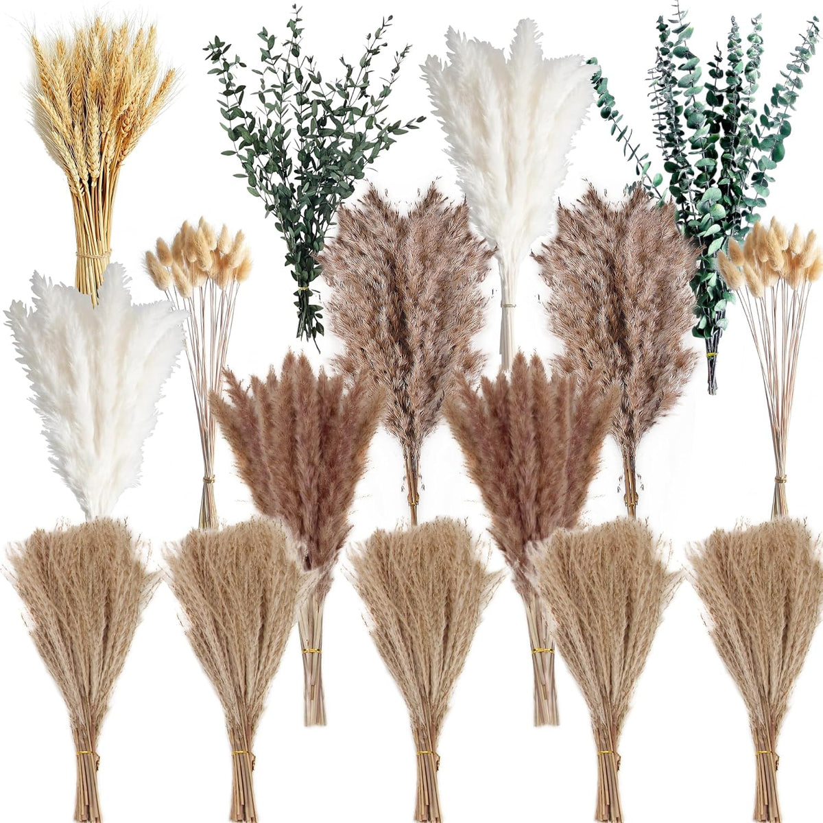 350PCS Dried Pampas Grass Bouquet Set – Dried Eucalyptus, Brown Pampas Grass & White Pampas Grass for Boho Baby Shower Decorations, Boho Wedding Decor, Pampas Grass Wall Decor, Home Decorations Modern