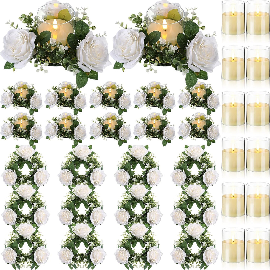 Yunlly 12 Pcs Rose Candle Rings with Candles Sets, White