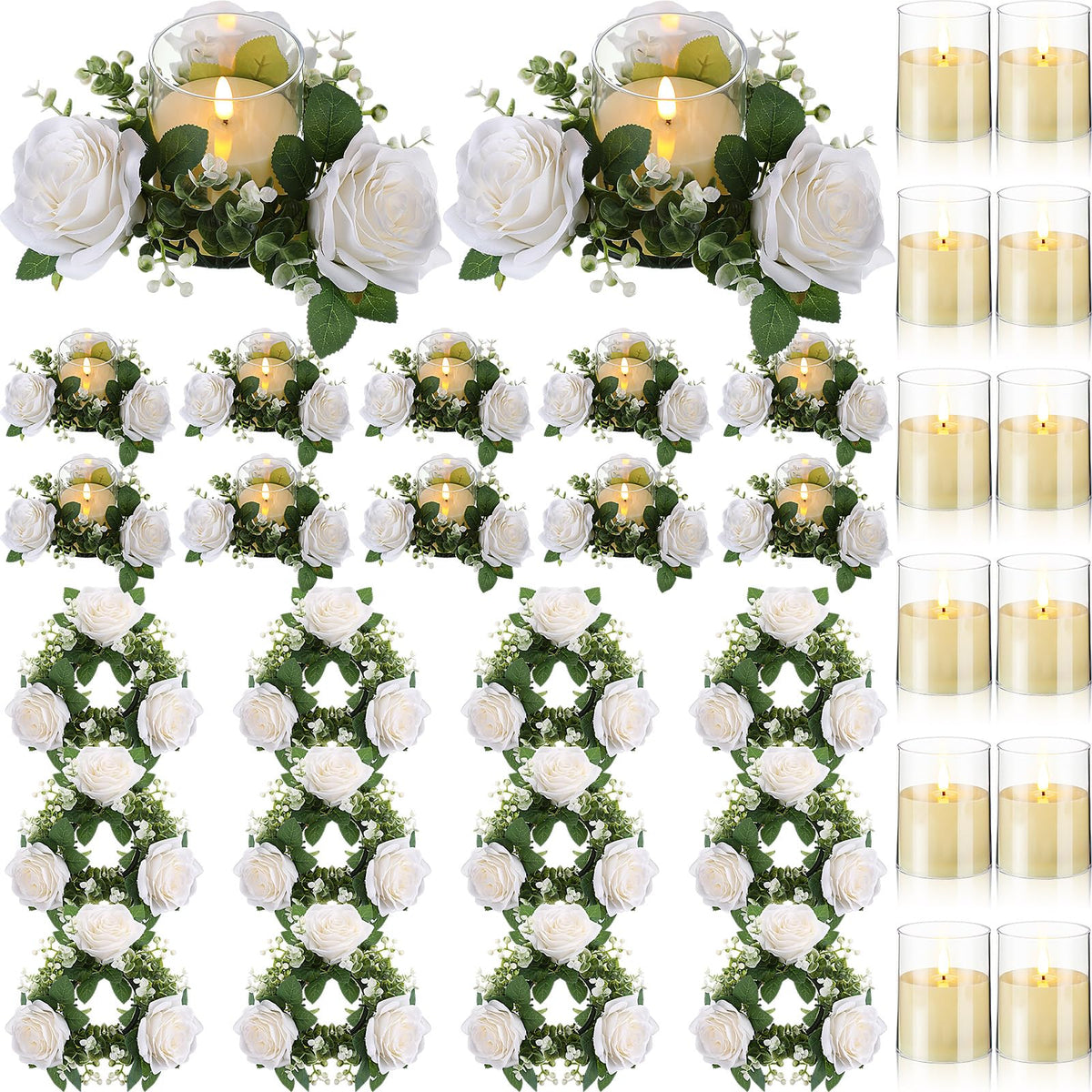 Yunlly 12 Pcs Rose Candle Rings with Candles Sets, White