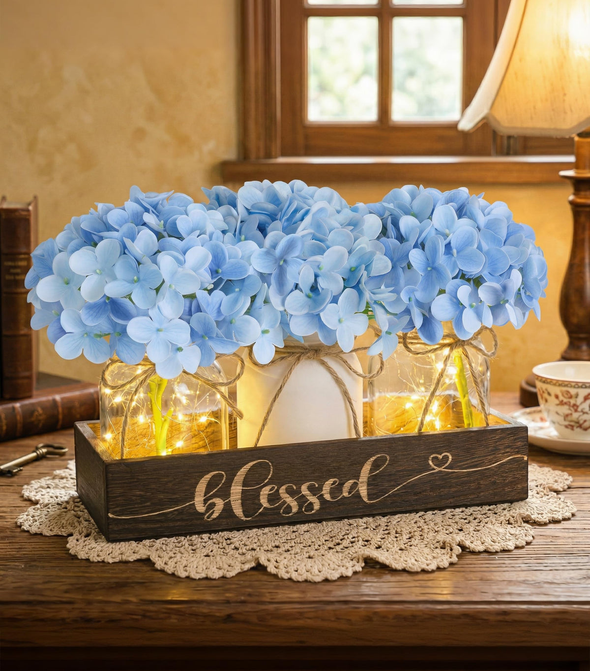 Farmhouse Mason Jar Table Centerpiece with Green Hydrangea Flowers, Lighted Artificial Floral Arrangement with Wood Tray, Rustic Table Decor for Kitchen Coffee Table Living Room Home