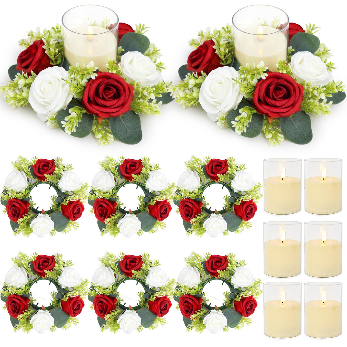 White Rose Candle Rings with Flameless Candles Sets - 12PCS Artificial Flower Eucalyptus Wedding Centerpiece 3 Inch Pillar Candleholders Wreaths for Wedding Party Decor (White - 6 Sets)