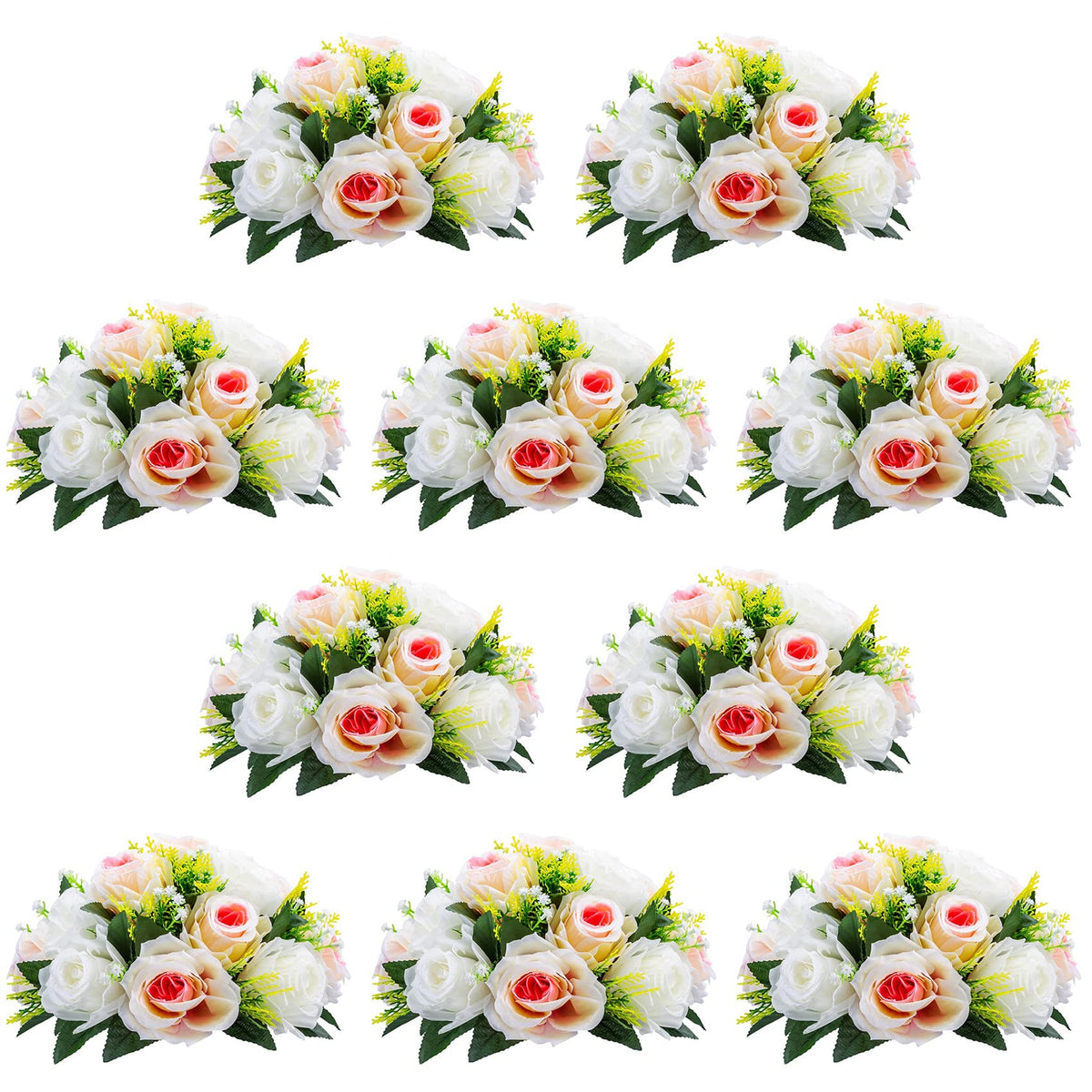 Nuptio Artificial Flower Centrepieces for Tables - 6 Pcs Burgundy & Dusty Rose & Creamy White Fake Flowers Roses Balls 9.5in Diam - Silk Faux Rose Arrangement for Wedding Party Centerpiece Table Decor