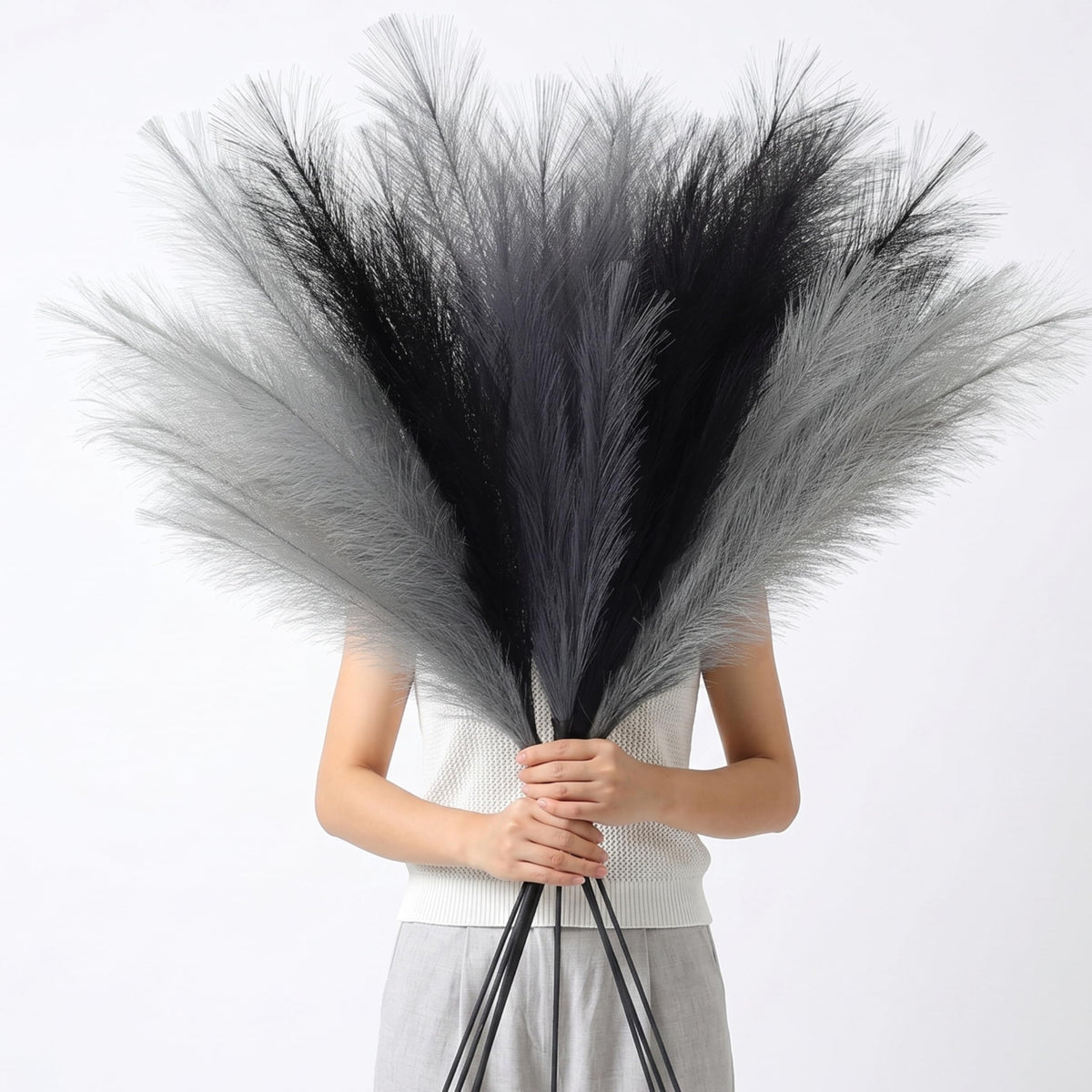 Faux Pampas Grass Tall, 9 PCS 43''/ 110 cm Large Black Pampas Grass Decor, Fake Pompas Branches, Long Feathers for Floor Vase, Boho Flower Arrangement for Home Wedding Decor (Black)