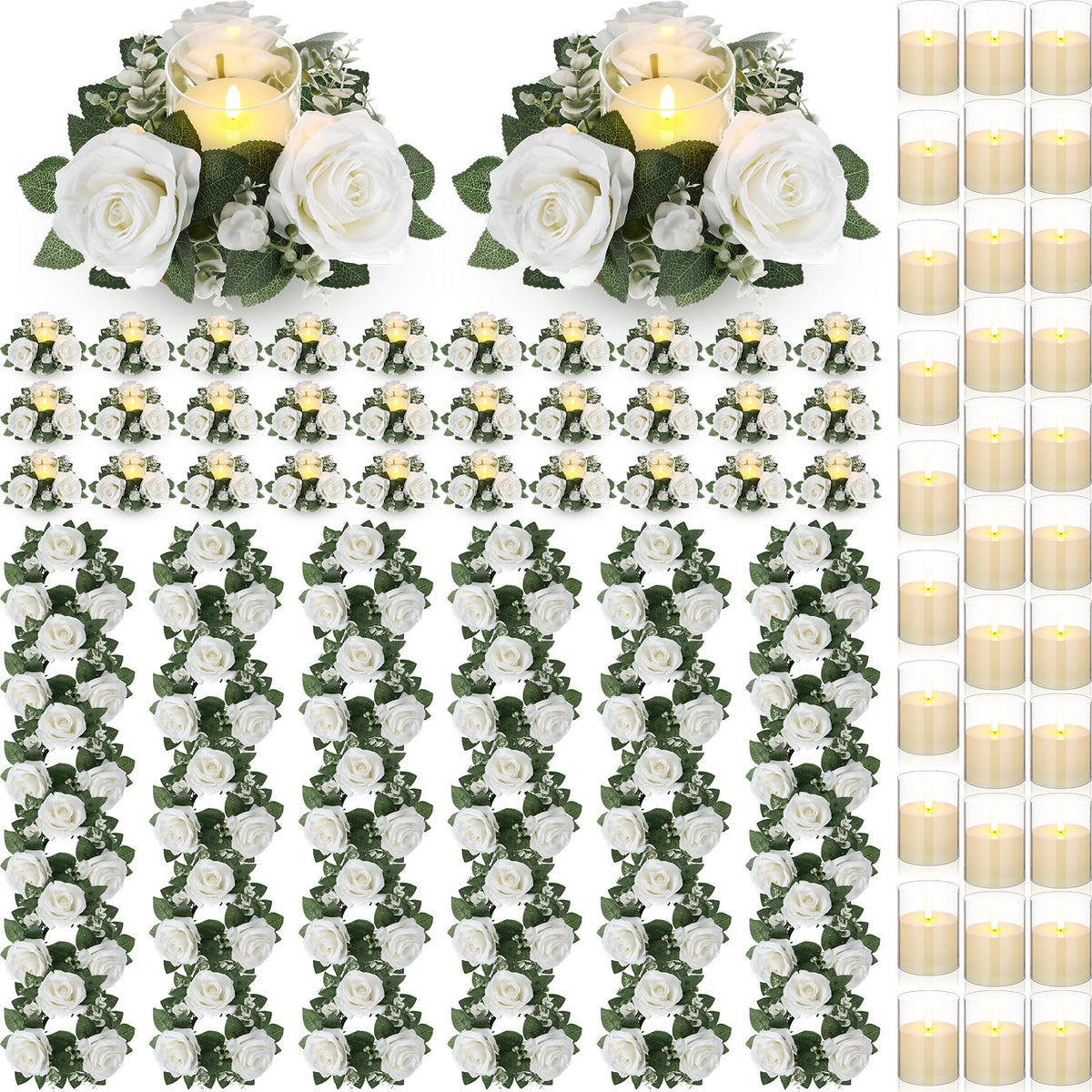 Yunlly 12 Pcs Rose Candle Rings with Candles Sets, White