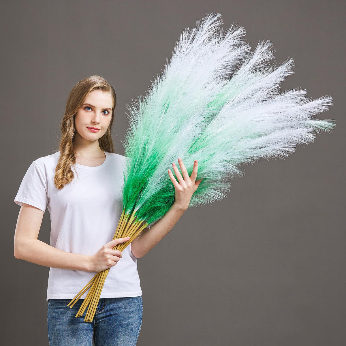 7 Pcs 45" Faux Pampas Grass – Fluffy Artificial Pompous Grass for Tall Floor Vase, Non-Shedding Home Decor, Boho Wedding Flowers, Baby Shower Centerpieces, Bedroom & Living Room Decor (Blue)