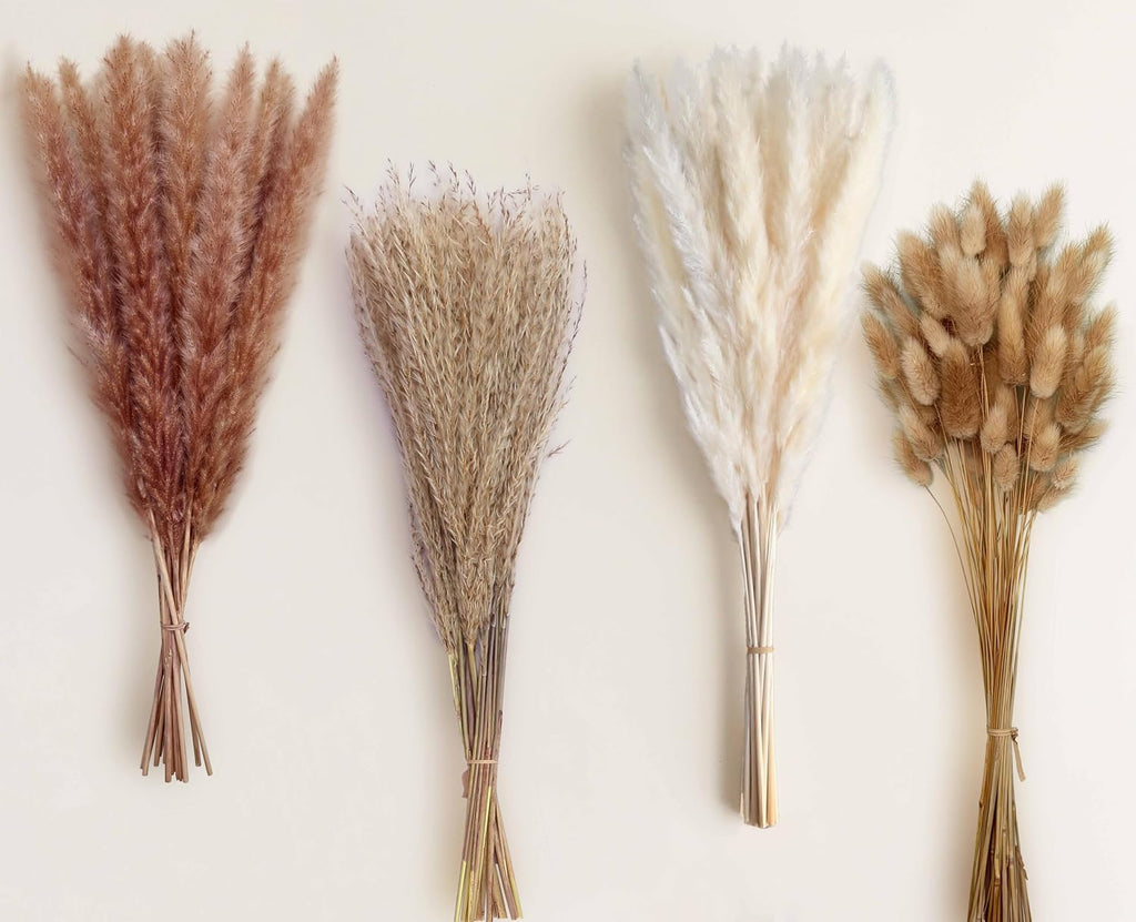 110 Stems 17" Dried Pampas Grass, Boho Table Decor Natural Reed Phragmites Grass + Brown & White Pampas Grass + Bunny Tails Flowers Bouquet for Wedding Floral Arrangements Farmhouse Home Rustic Wall