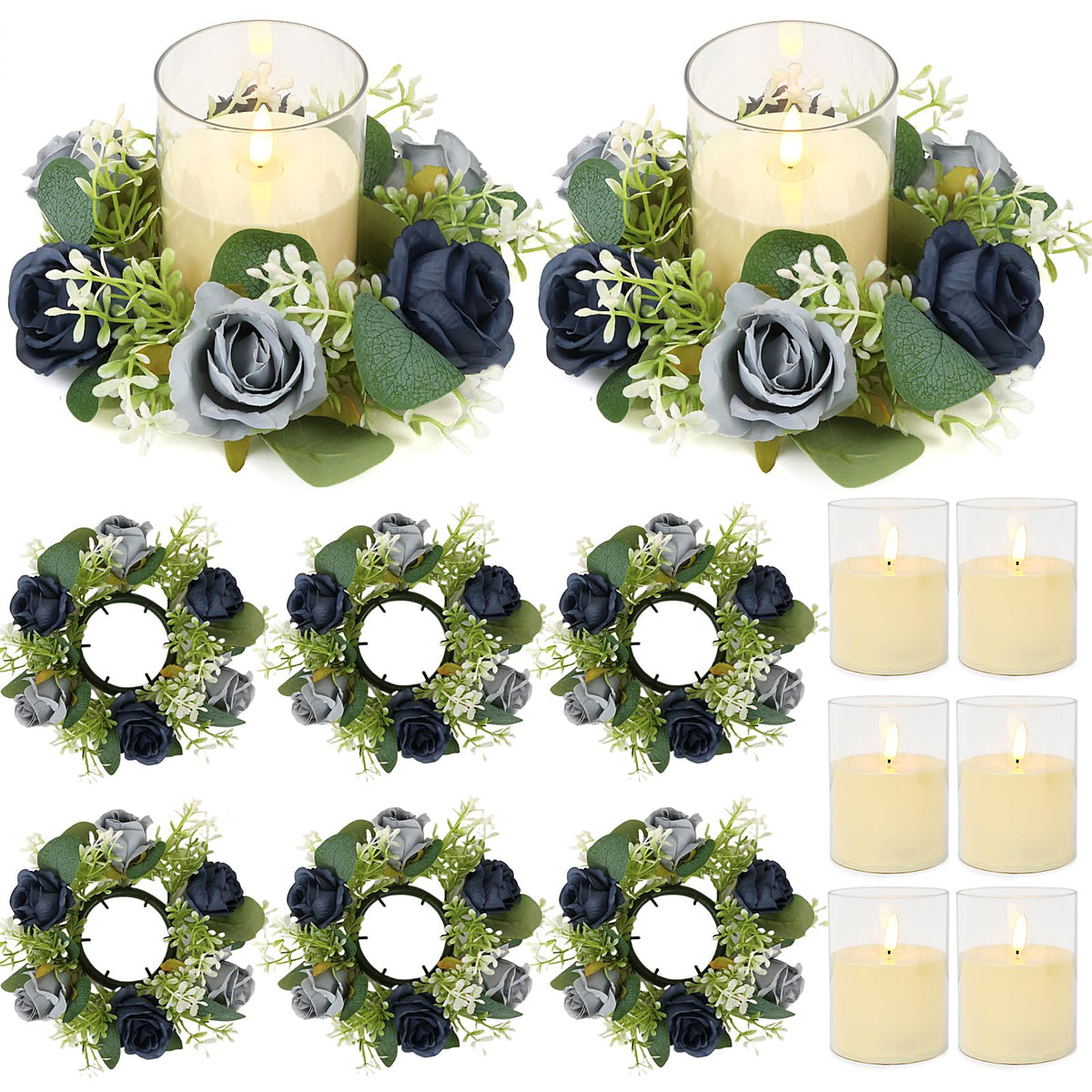 White Rose Candle Rings with Flameless Candles Sets - 12PCS Artificial Flower Eucalyptus Wedding Centerpiece 3 Inch Pillar Candleholders Wreaths for Wedding Party Decor (White - 6 Sets)