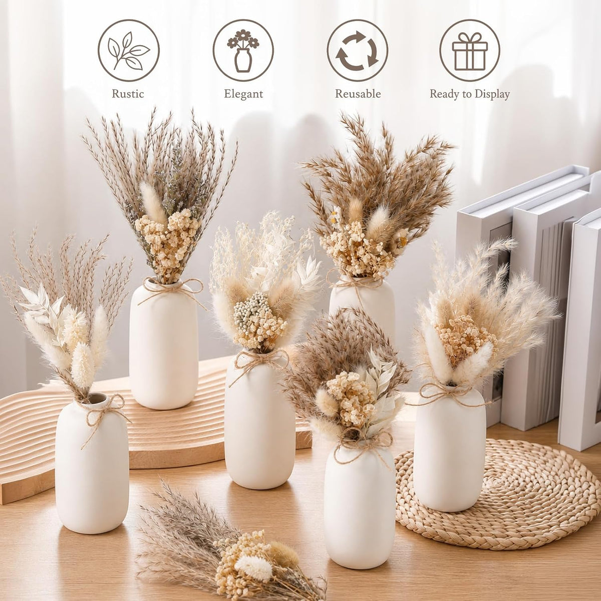 25 Pcs Dried Pampas Grass Centerpiece with Ceramic Vases, Classic