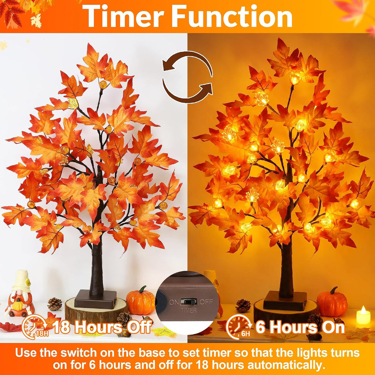 [Timer] 2 Pack 24 Inch Fall Maple Tree Decor with 48 LED Fall Thanksgiving Decorations, Battery Operated Fall Tree Lights with Pumpkin Acorn Maple for Fall Thanksgiving Table Decorations Home Indoor