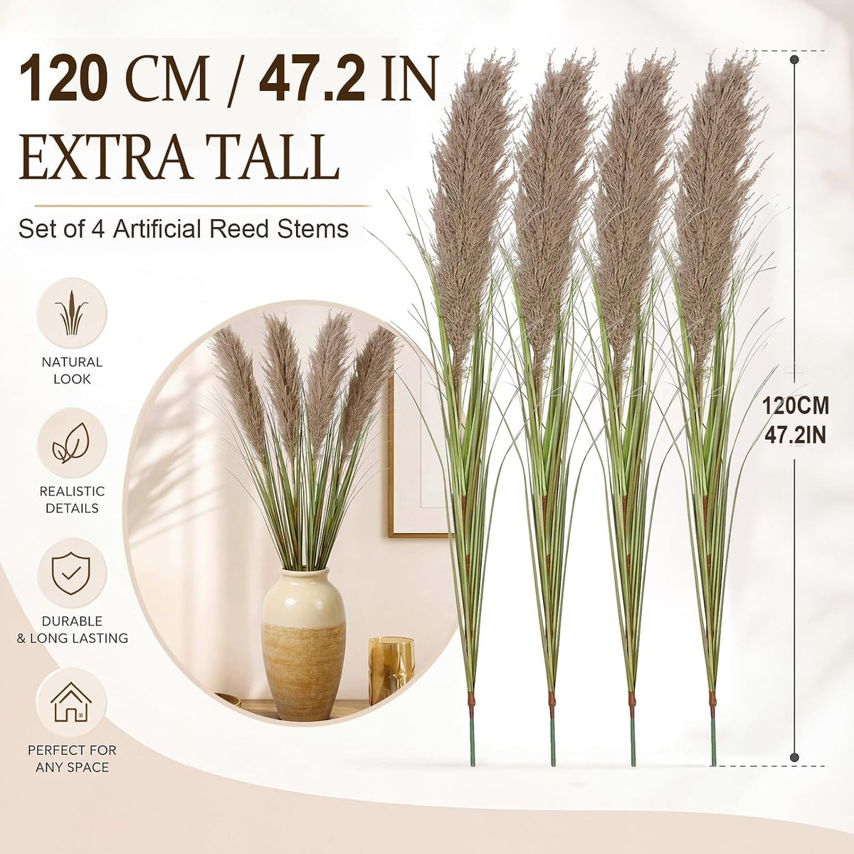Wavwavw 4 Stem 4ft Artificial Pampas Grass Tall Reed Grass Decor,Green Grey