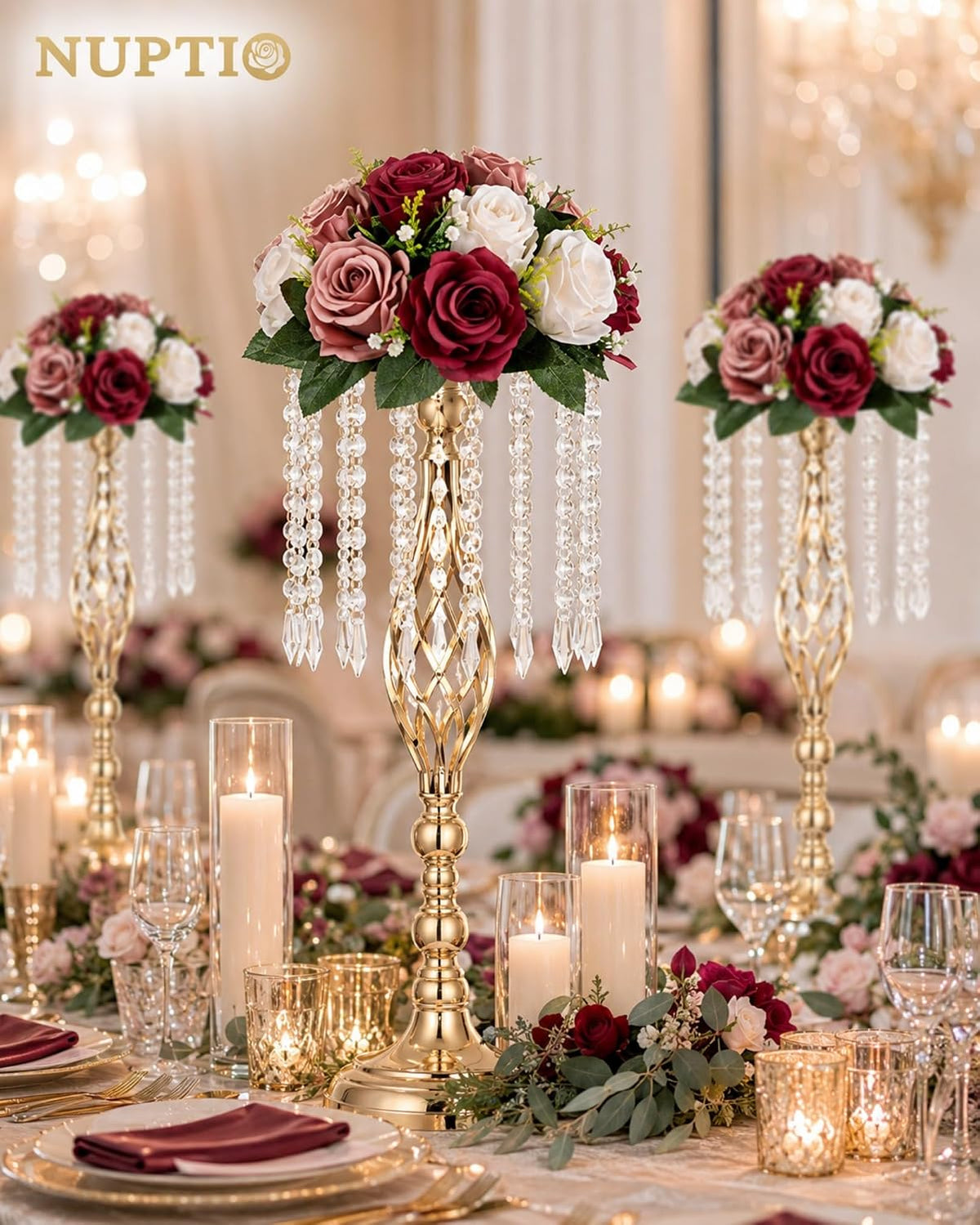 Nuptio Artificial Flower Centrepieces for Tables - 6 Pcs Burgundy & Dusty Rose & Creamy White Fake Flowers Roses Balls 9.5in Diam - Silk Faux Rose Arrangement for Wedding Party Centerpiece Table Decor