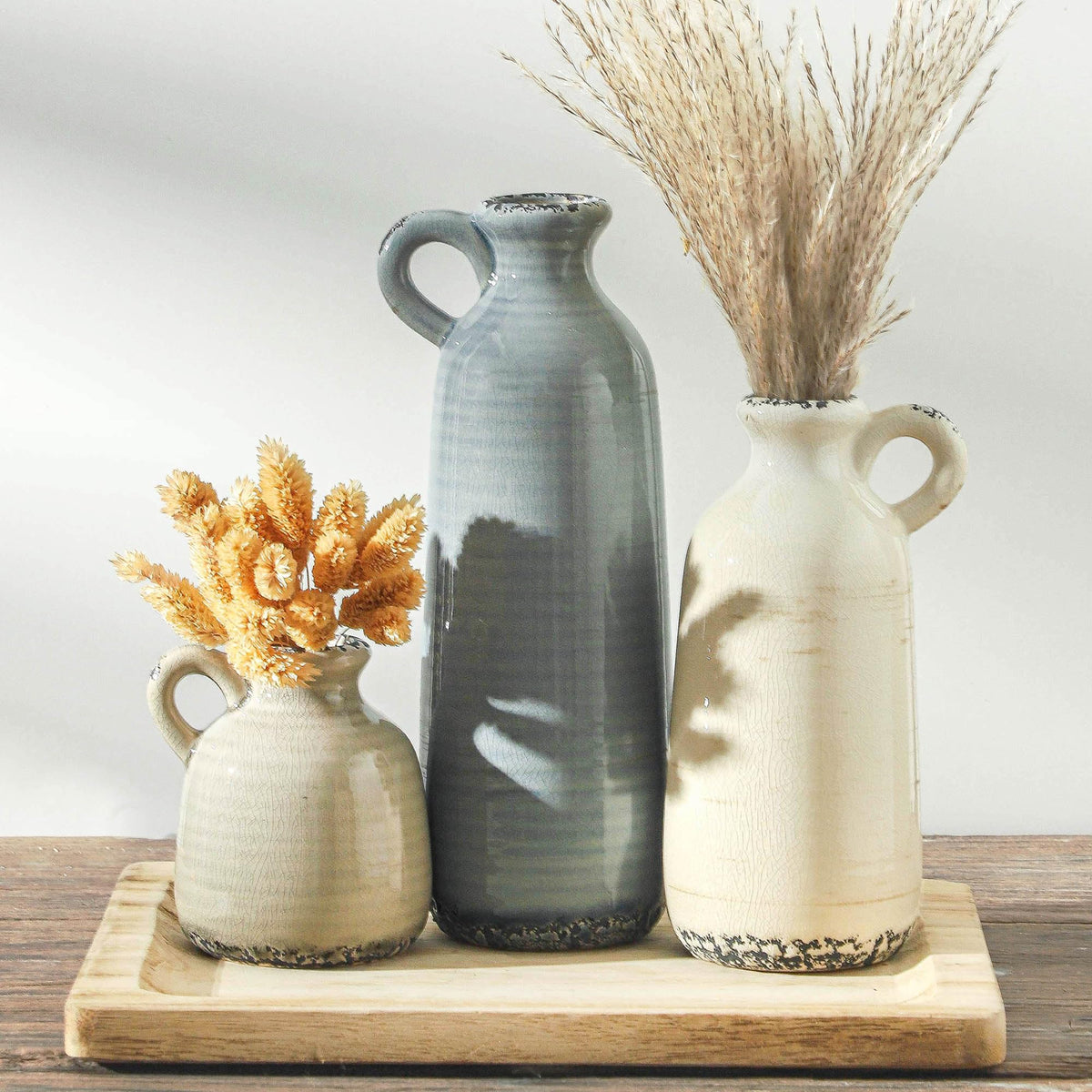 Ceramic Vases Set of 3, Neutral Rustic Farmhouse Vase with Handle, Decorative Flower Vases Home Decor Modern Boho Pampass Vase for Table Mantel Entryway Shelf Living Room Kitchen Bathroom - Brown