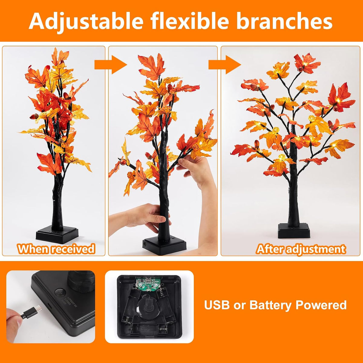 Fall Decor 2 Pack 24 Inch Maple Tree Lights - 48 LED Autumn Decorations with Pumpkins & Acorns, Timer, USB & Battery Powered - Thanksgiving Decorations for Home Table Indoor Fireplace