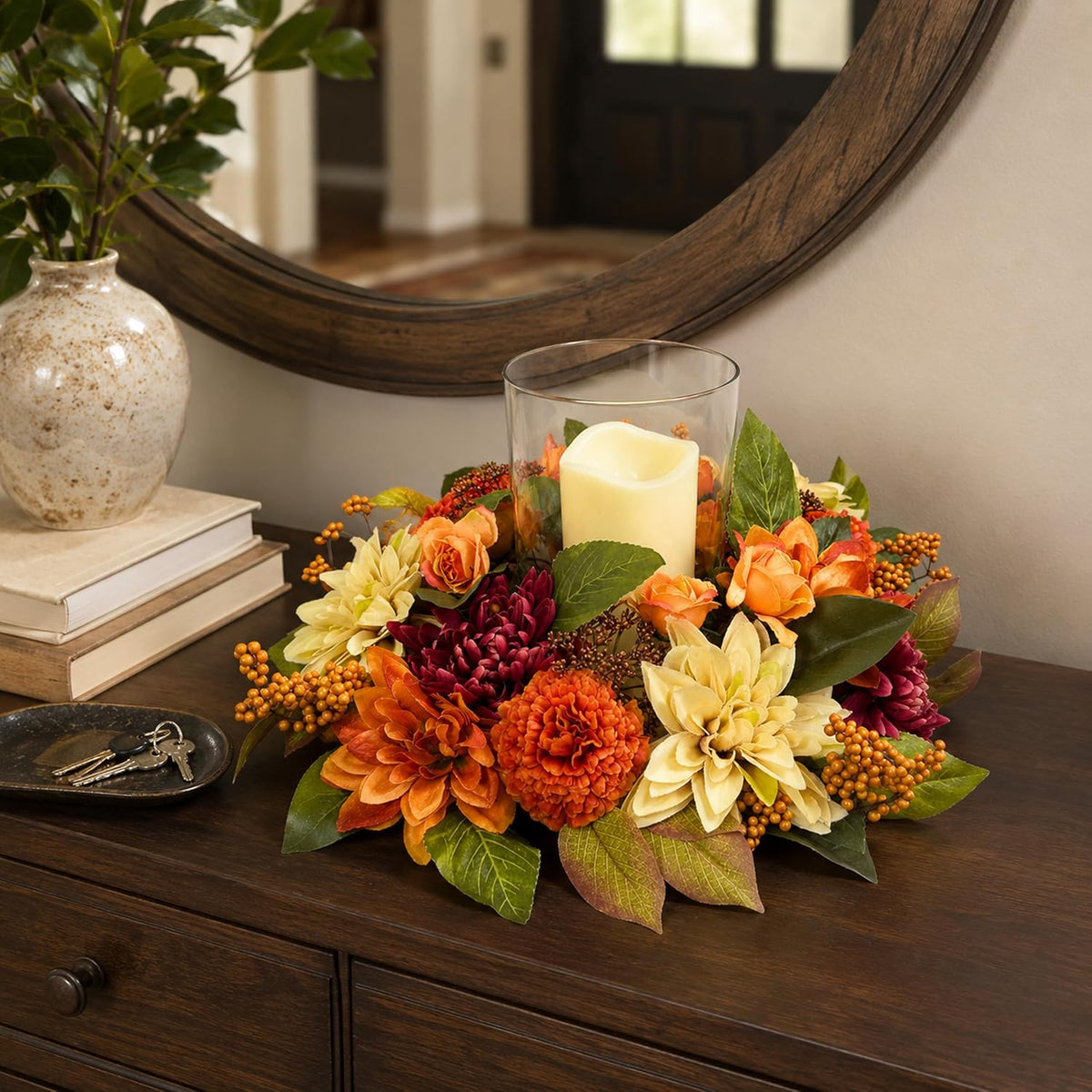 17 Inch Fall Hurricane Candle Holder with Dahlias, Mums and Berries