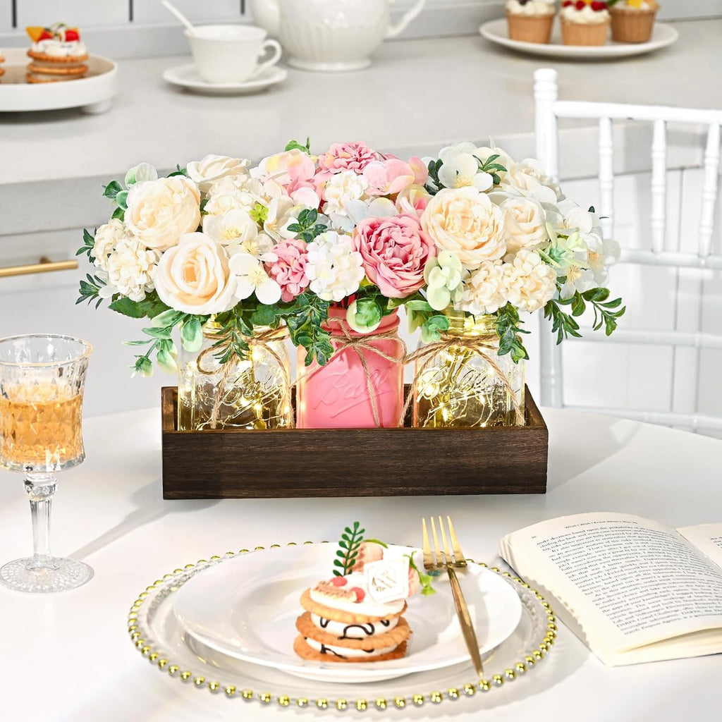 BLEUM CADE 3Pcs Mason Jar with Artificial Roses Flowers Wood Tray and Light