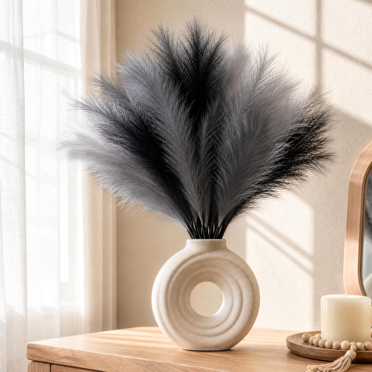 30Pcs Black Pampas Grass Decor, 22'' Fluffy Faux Pampas Grass Branches for Vase Fillers, Short Artificial Pompous Feathers for Home Room Centerpieces Wedding Gothic Decor