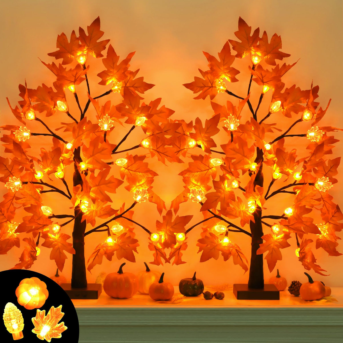 [Timer] 2 Pack 24 Inch Fall Maple Tree Decor with 48 LED Fall Thanksgiving Decorations, Battery Operated Fall Tree Lights with Pumpkin Acorn Maple for Fall Thanksgiving Table Decorations Home Indoor