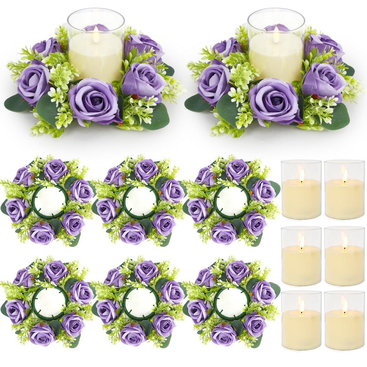White Rose Candle Rings with Flameless Candles Sets - 12PCS Artificial Flower Eucalyptus Wedding Centerpiece 3 Inch Pillar Candleholders Wreaths for Wedding Party Decor (White - 6 Sets)