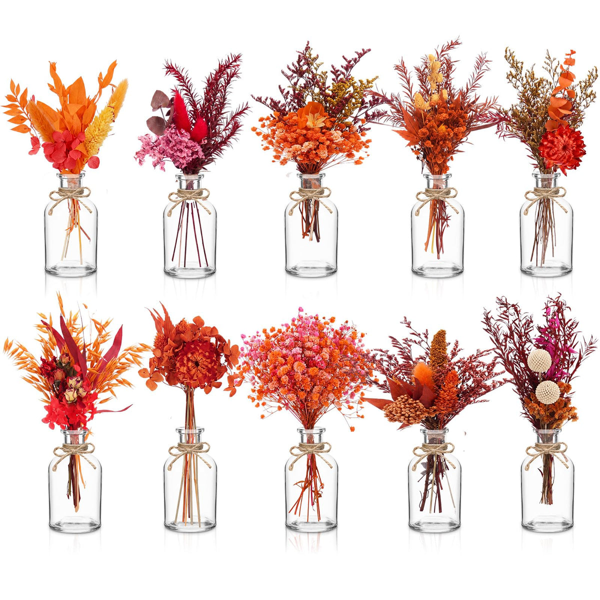 Nuanchu 10 Pcs Dried Pampas Grass Centerpiece with 10 Glass Vase, Rope