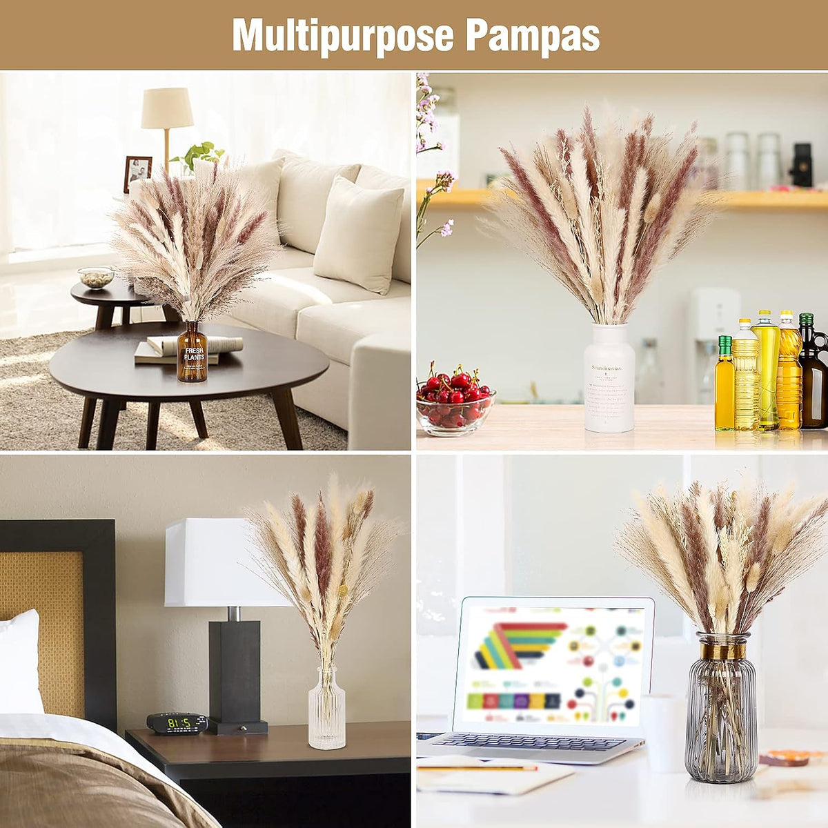 N&T NETING Dried Pampas Grass Boho Set for Crafts Centerpiece, 75Pcs