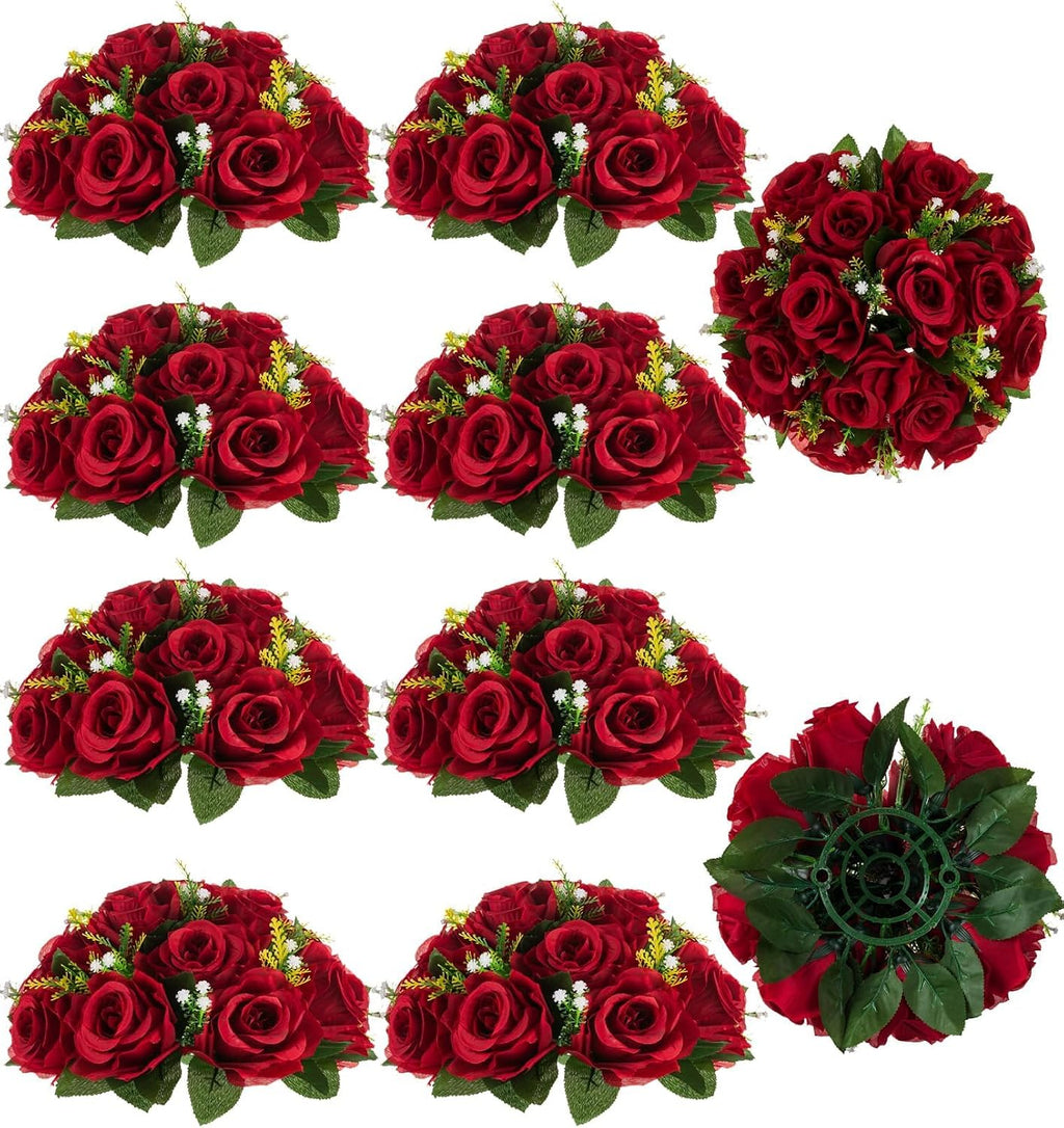 BLOSMON Faux Flower Centerpieces for Wedding Tables, 10 Pcs, Crimson Red