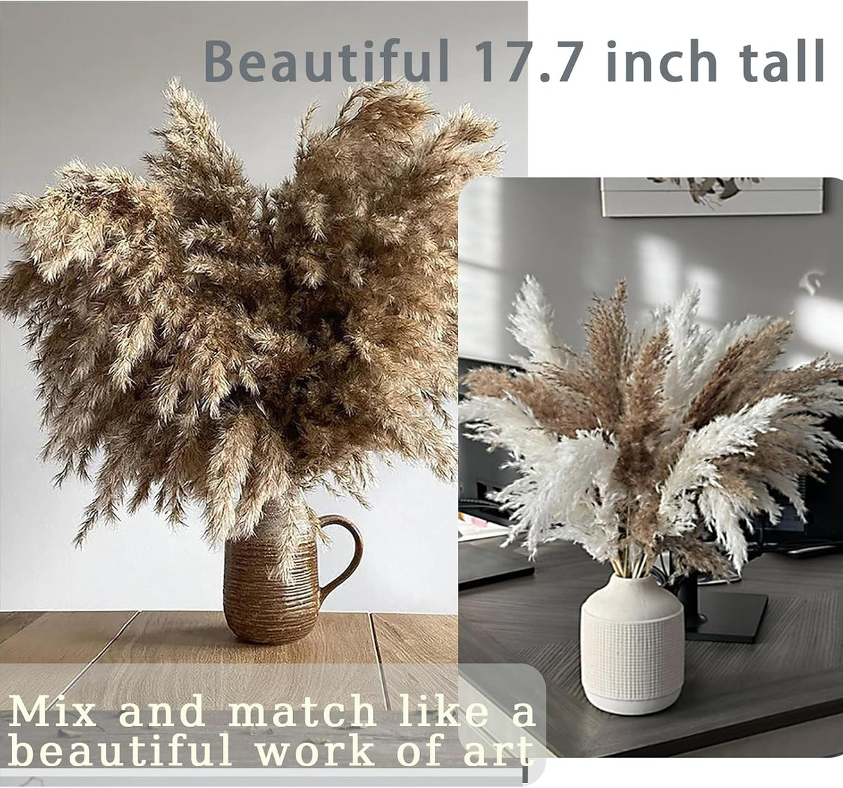 ROOLLYA 17 Inch 20 Stems Natural Pampas Grass Decor - Tall Fluffy Pompas Grass for Floor Vase - Boho Decor Home Wedding Event Decor, 2404-c15-30brown-45cm