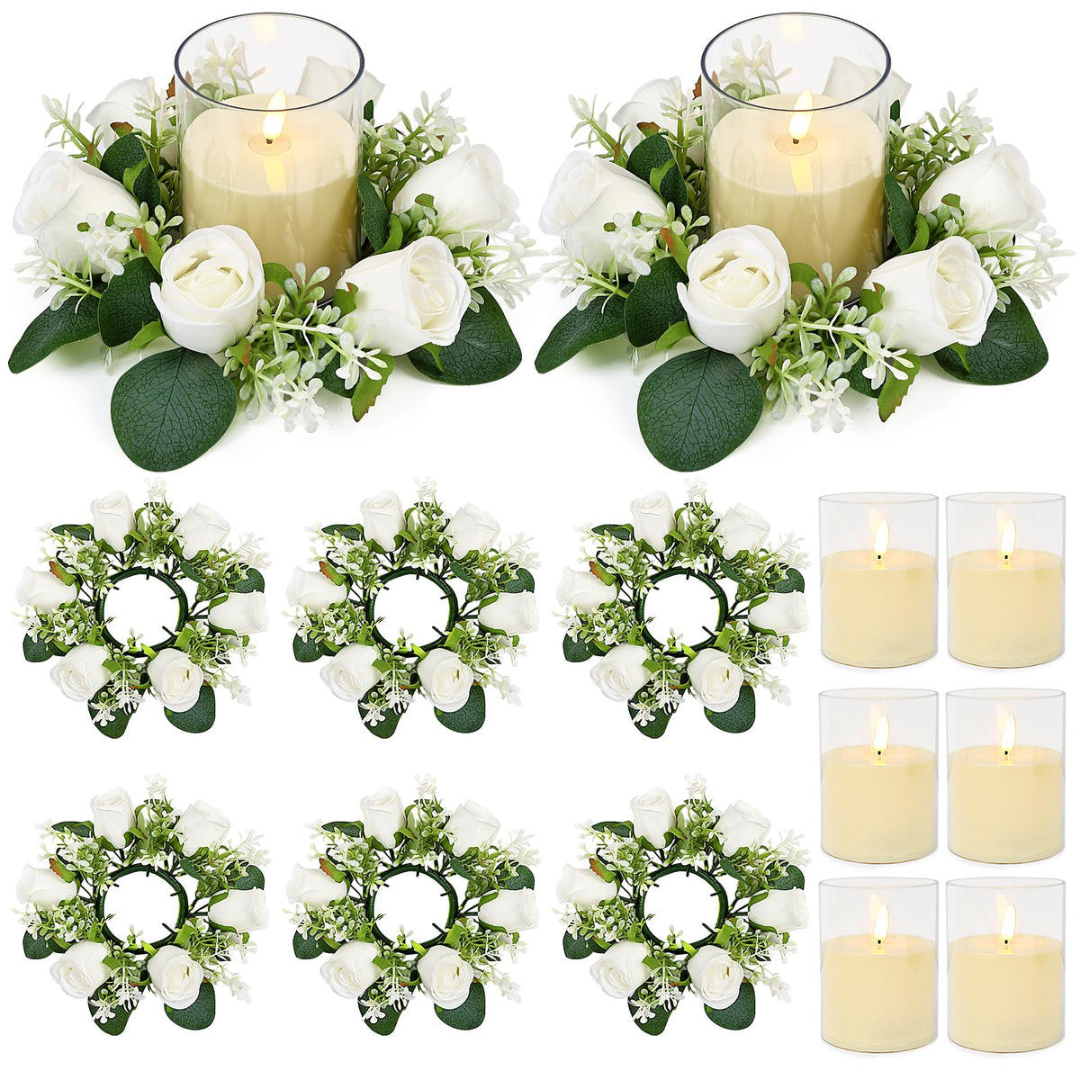 White Rose Candle Rings with Flameless Candles Sets - 12PCS Artificial Flower Eucalyptus Wedding Centerpiece 3 Inch Pillar Candleholders Wreaths for Wedding Party Decor (White - 6 Sets)