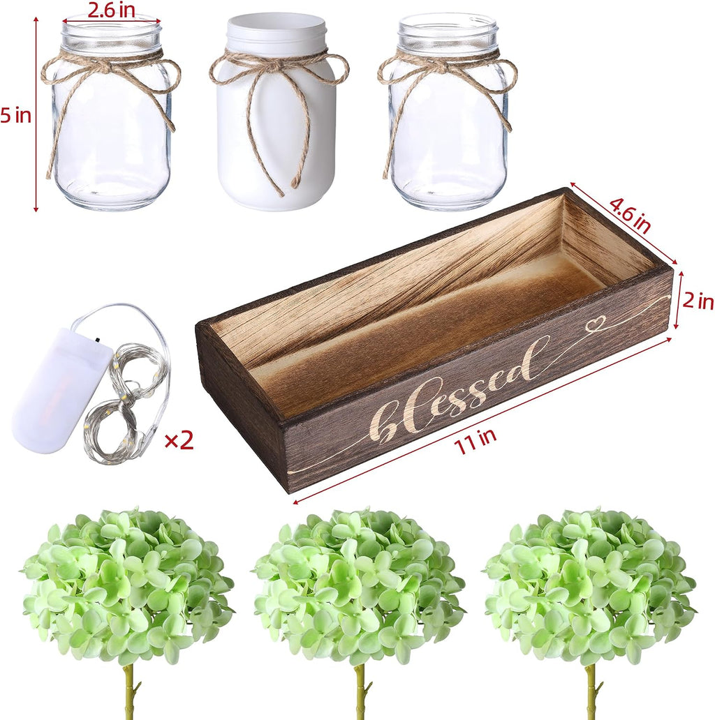 Farmhouse Mason Jar Table Centerpiece with Green Hydrangea Flowers, Lighted Artificial Floral Arrangement with Wood Tray, Rustic Table Decor for Kitchen Coffee Table Living Room Home