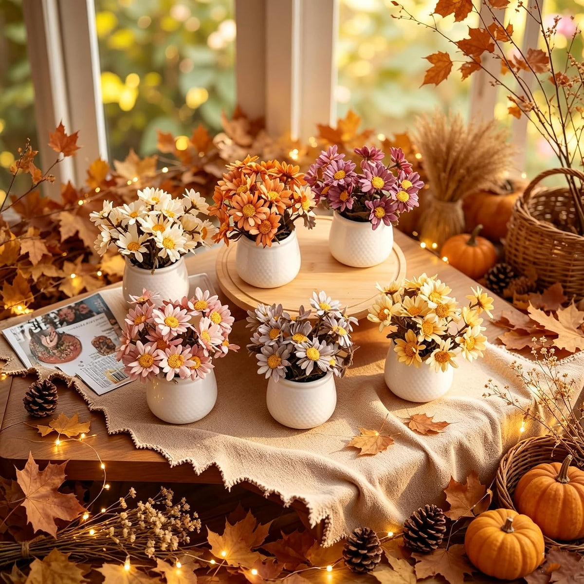 6PCS Artificial Daisy Fall Flower Arrangements with Large Ceramic Pots