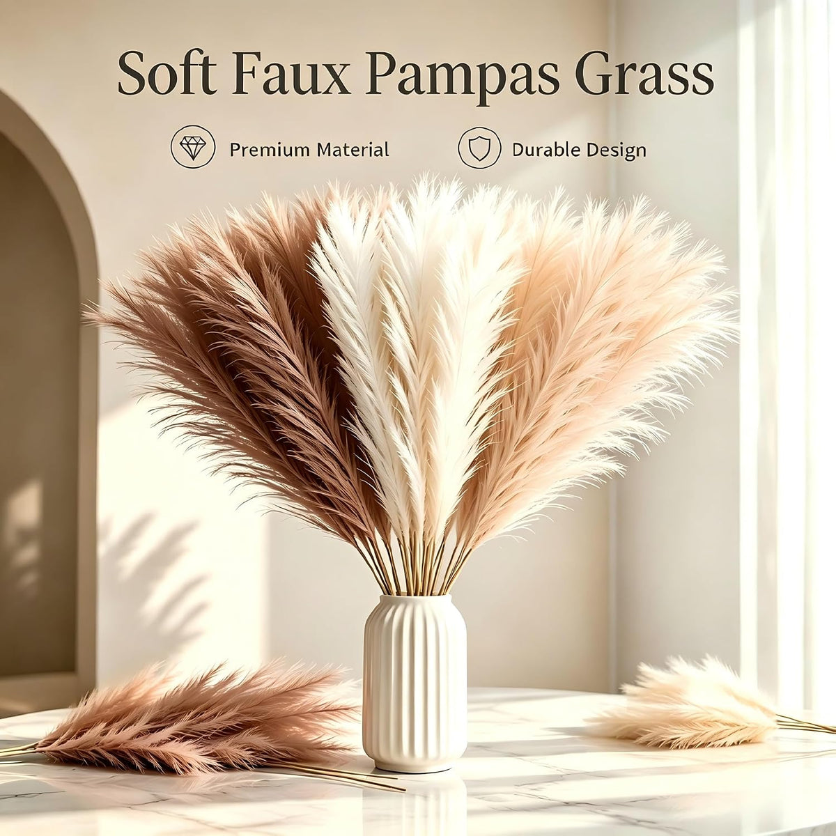 QGG 60 PCS 21.7 Inch Ultra Fluffy FauxPampas Grass, No Shedding ArtificialDried Grass, Boho Home BedroomWedding Vase Filler Floral ArrangementDecor(Sand & Beige & Light Brown)