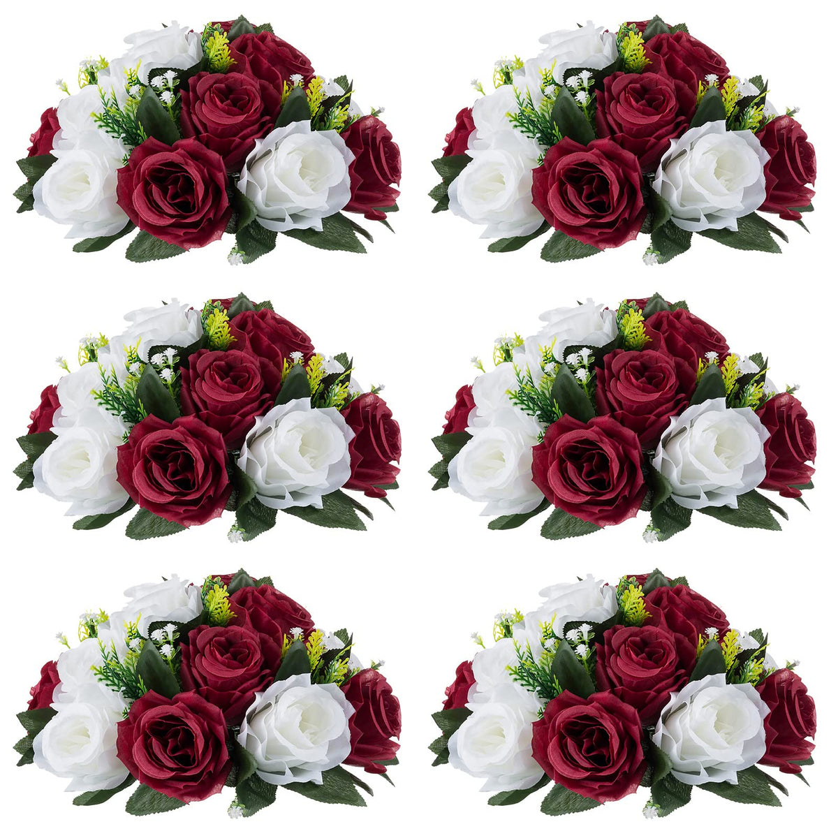Nuptio Artificial Flower Centrepieces for Tables - 6 Pcs Burgundy & Dusty Rose & Creamy White Fake Flowers Roses Balls 9.5in Diam - Silk Faux Rose Arrangement for Wedding Party Centerpiece Table Decor
