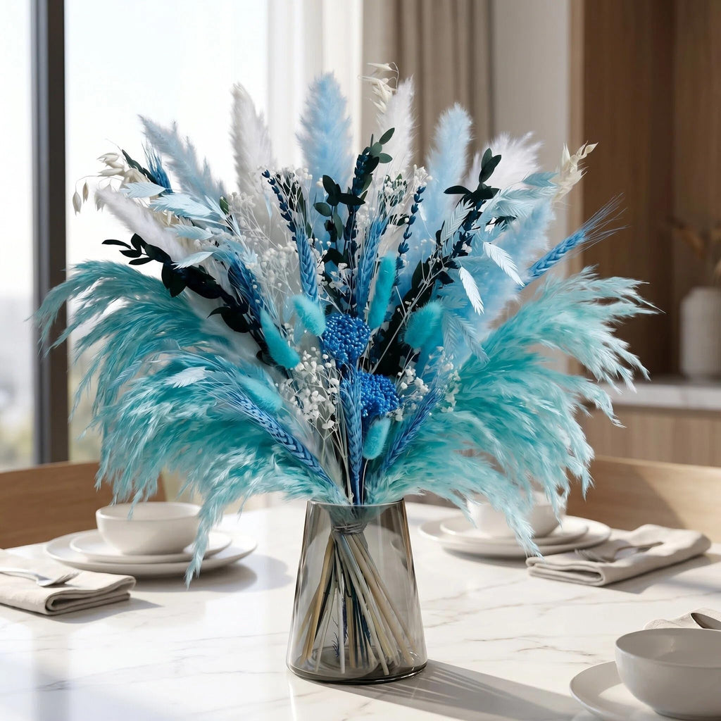 Pampas Grass Decor Dried Flowers with Blue Pampas Grass Boho Floral Arrangements for Home Office Wedding Centerpieces Rustic Blue Flowers Decor