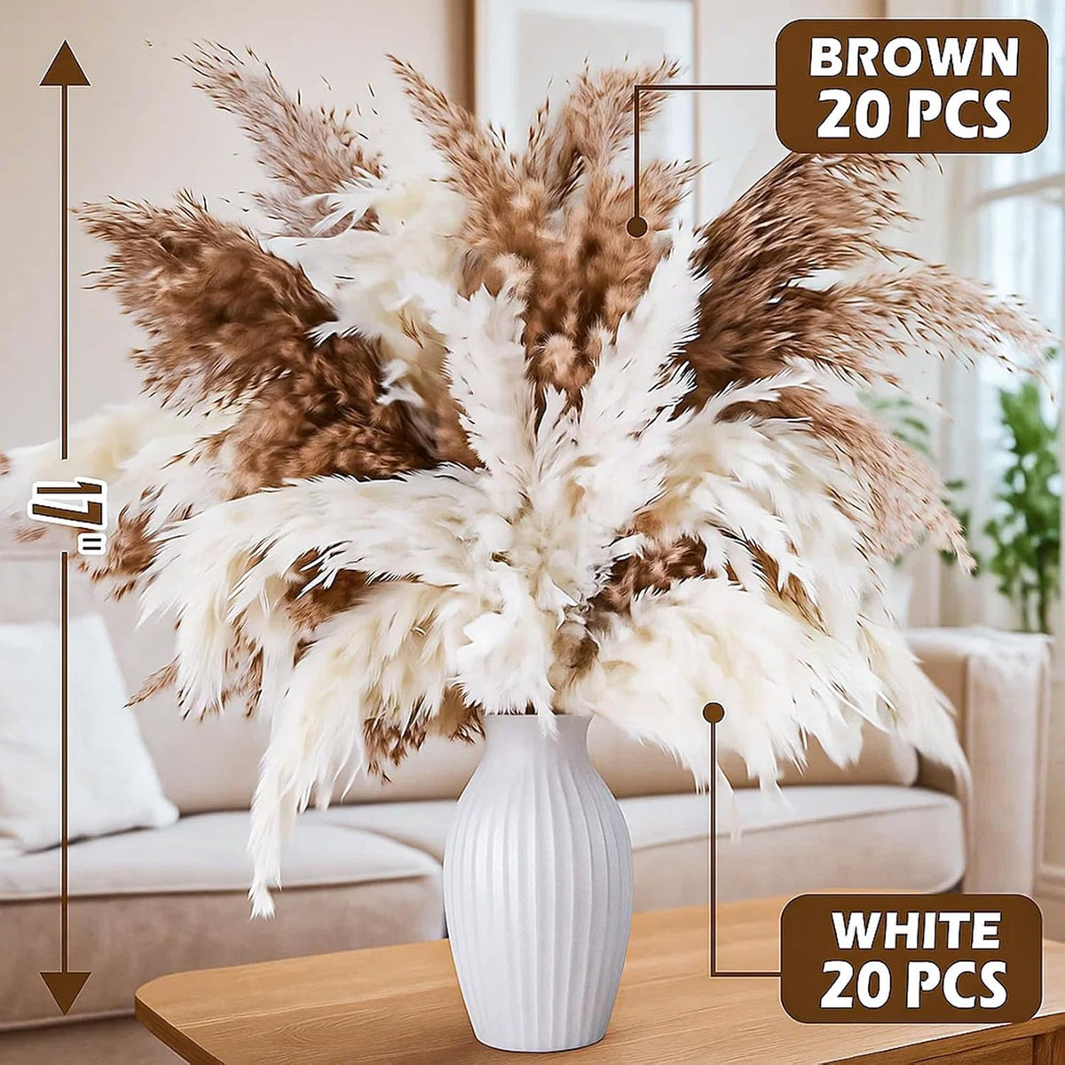 40PCS Tall Pampas Grass Stems 17" for Floor Vase Decor