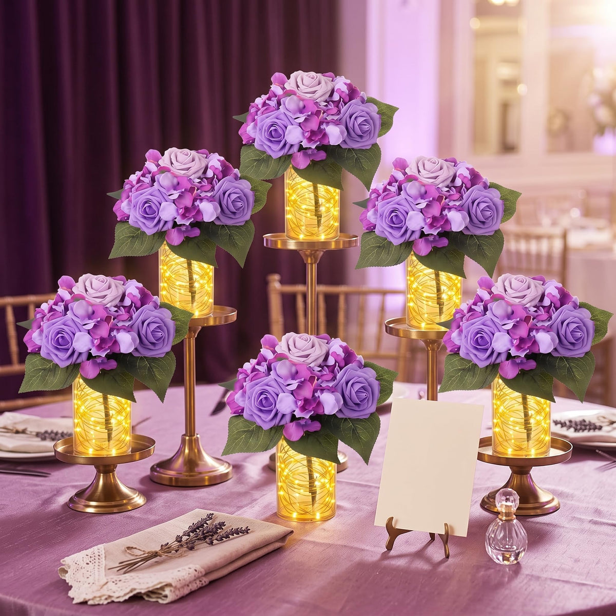 Domensi Set of 6 LED Lighted Floral Table Centerpieces, Faux Roses, Eucalyptus & Baby's Breath in Acrylic Vase, Glowing Rustic Wedding Decor for Bridal Shower, Party & Dining Table(White)