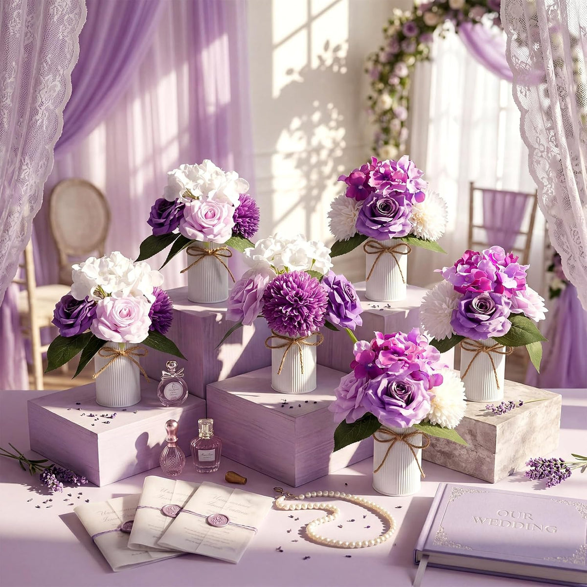 Zeyune 6 Set Artificial Centerpiece, Purple,White, Stylish Style
