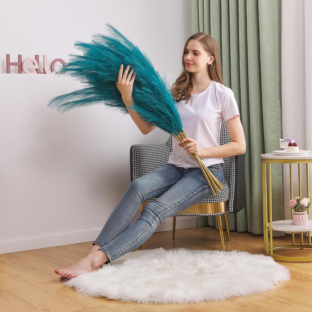 7 Pcs 45" Faux Pampas Grass – Fluffy Artificial Pompous Grass for Tall Floor Vase, Non-Shedding Home Decor, Boho Wedding Flowers, Baby Shower Centerpieces, Bedroom & Living Room Decor (Blue)