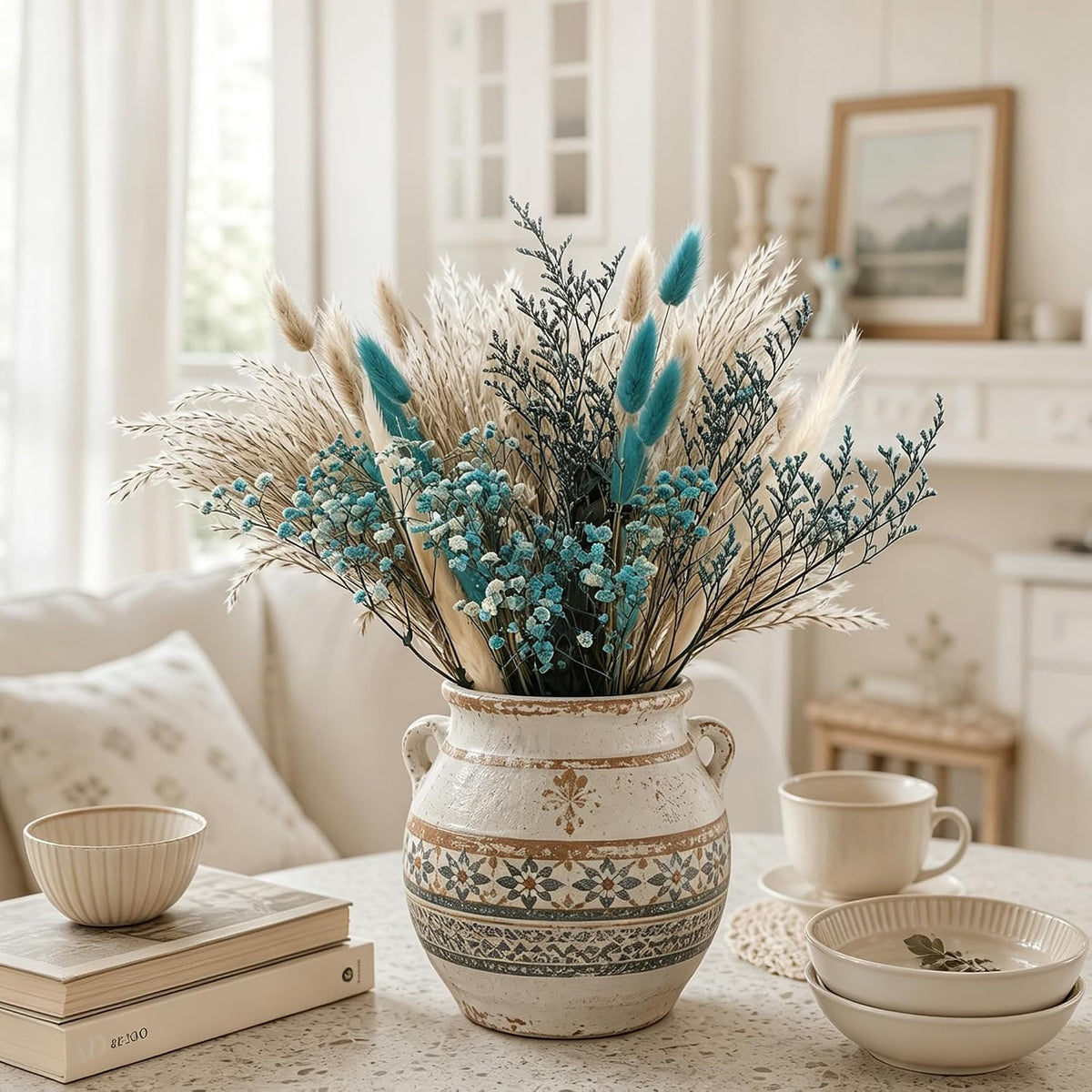 62 Pcs Dried Pampas Grass Bouquet with Turquoise Flowers & Teal Pampas Grass, Natural Blue Pampas Grass Decor for Boho Home, Wedding Centerpieces, Vase Filler and DIY Crafting(LP-PG-01)