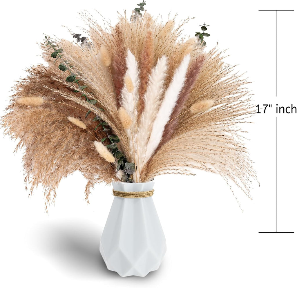 Pampas Grass Decor, Dried Flower Bouquet with Bunny Tail Grass, Pampas Grass & Eucalyptus, Boho Centerpieces for Tables & Floors - Dried Floral Arrangement, Fall Grass & Stylish Olive Green Wall Décor