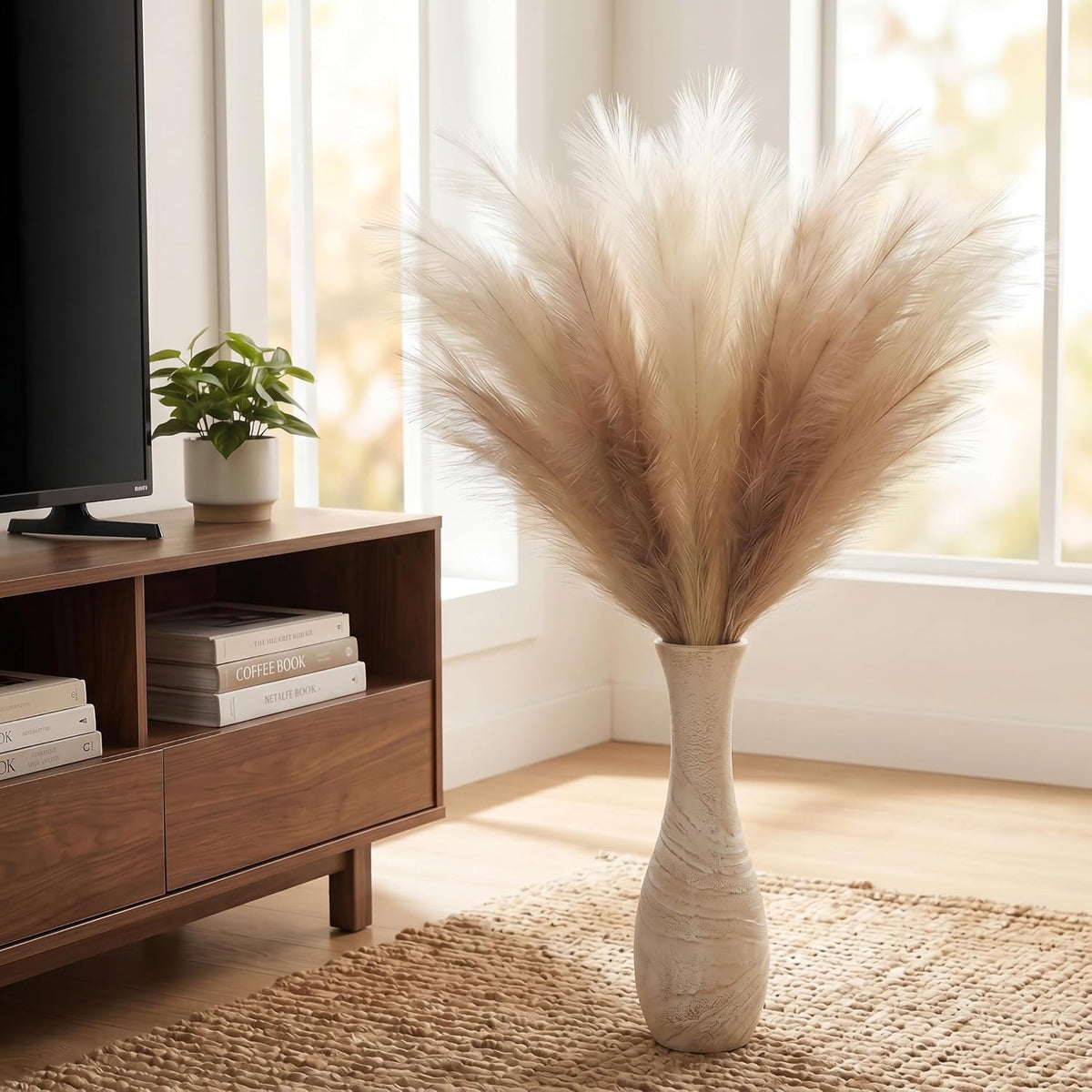 PERFNIQUE Faux Pampas Grass, 9PCS Pompas, Large Pompas Grass, 38'' Tall Pampas Grass for Floor Vase, Pampas Grass Decor Tall for Vase Fillers, Boho Rustic Farmhouse Home Decor(Natural Beige)