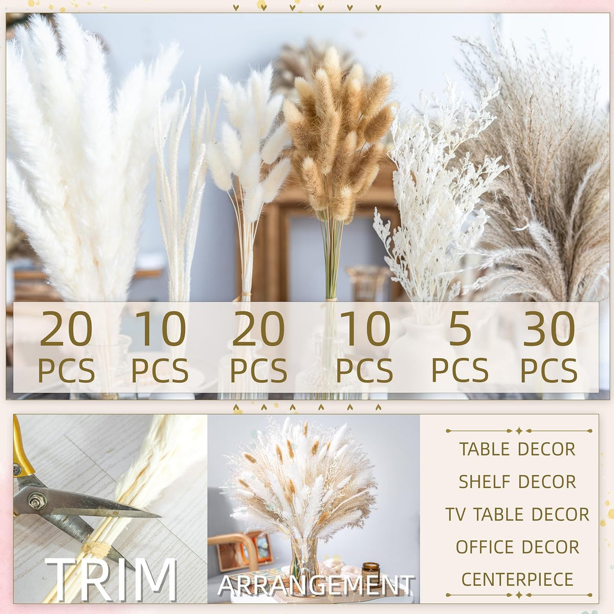 floradream 95 PCS Natural Pampas Grass Decor Bouquet | Boho Dried Floral Arrangement Centerpiece Table Decor Wedding Decor Rustic Decor, Natural, white, beige (Fdm-b-01)