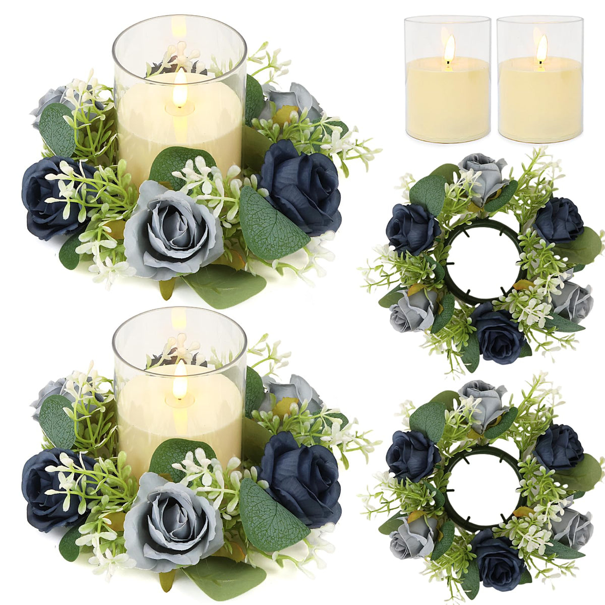 White Rose Candle Rings with Flameless Candles Sets - 12PCS Artificial Flower Eucalyptus Wedding Centerpiece 3 Inch Pillar Candleholders Wreaths for Wedding Party Decor (White - 6 Sets)