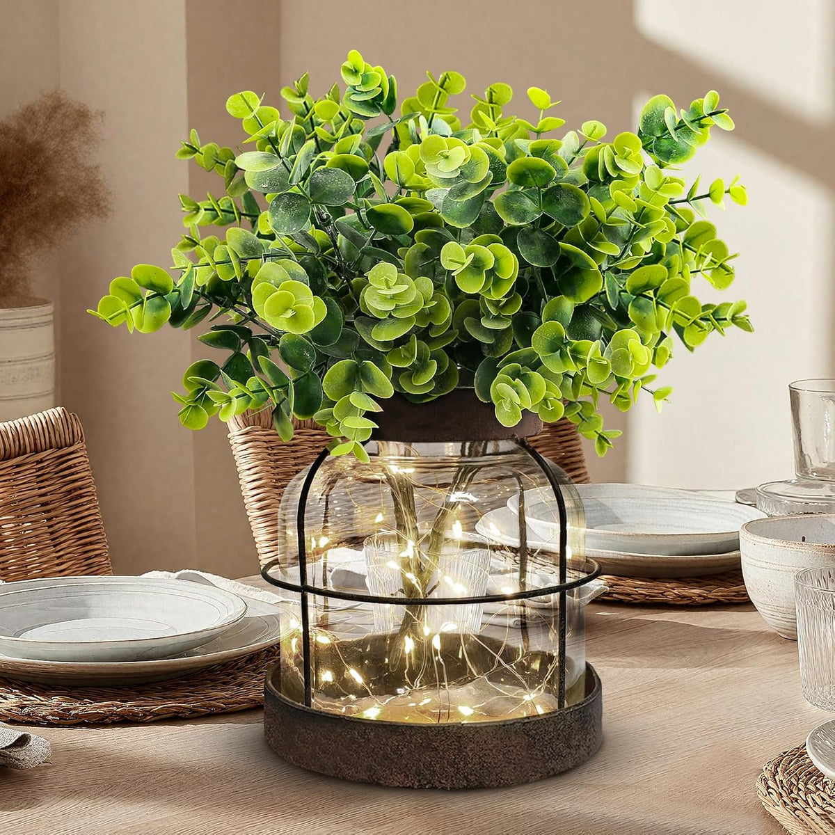 Rustic Farmhouse Glass Vases with Green Artificial Eucalyptus Plants & Lights Primitive Vintage Lantern Home Decor Centerpiece for Counter Coffee Table Shelf Desk Office Dining Room Kitchen Bathroom