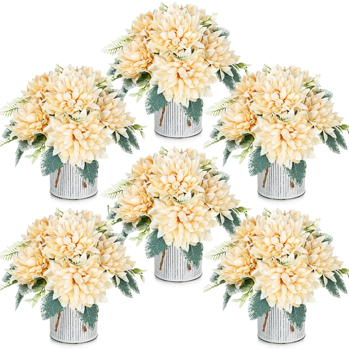 6 Set Pre-Made Flower Table Centerpieces (White, 6 X Dahlias Table Centerpieces)