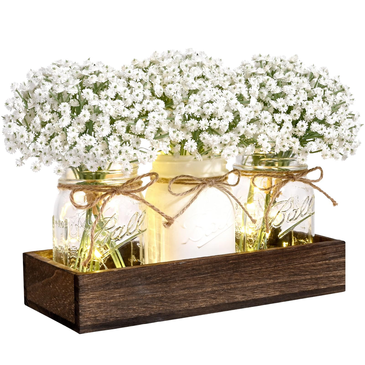 BLEUM CADE 3Pcs Mason Jar with Artificial Roses Flowers Wood Tray and Light