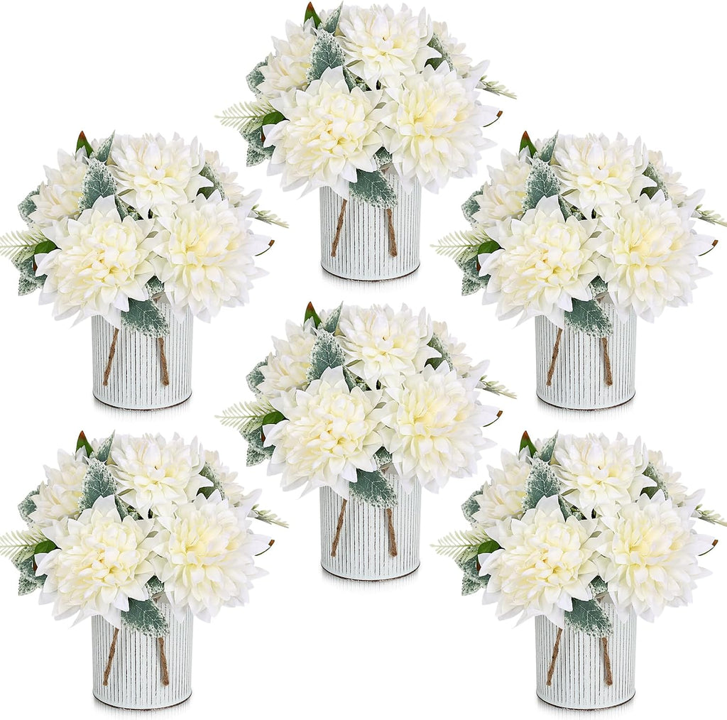 6 Set Pre-Made Flower Table Centerpieces (White, 6 X Dahlias Table Centerpieces)