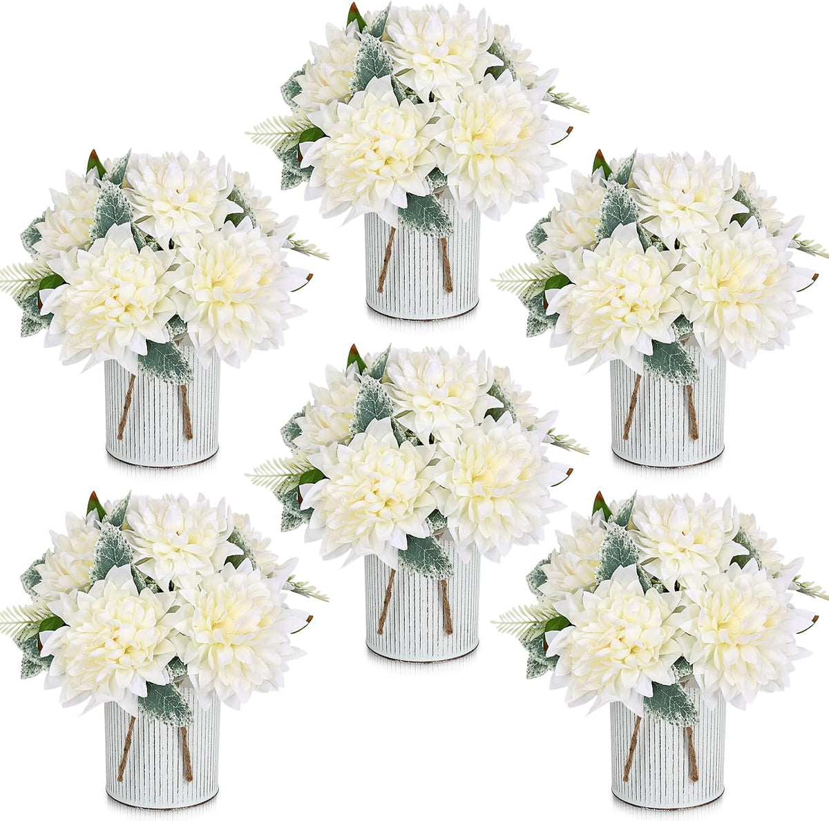 6 Set Pre-Made Flower Table Centerpieces (White, 6 X Dahlias Table Centerpieces)