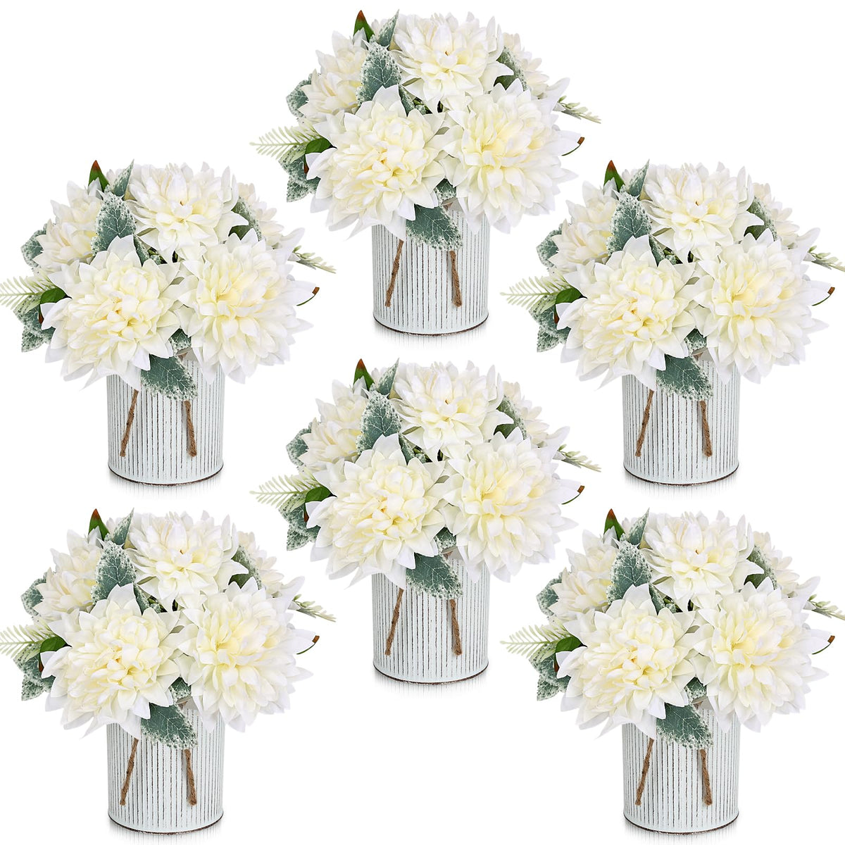 6 Set Pre-Made Flower Table Centerpieces (White, 6 X Dahlias Table Centerpieces)