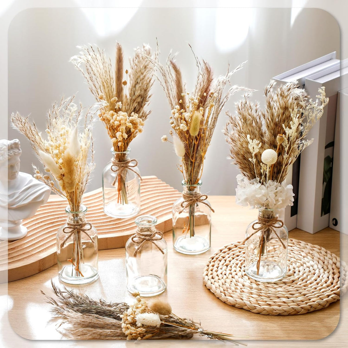 Nuanchu 10 Pcs Dried Pampas Grass Centerpiece with 10 Glass Vase, Rope