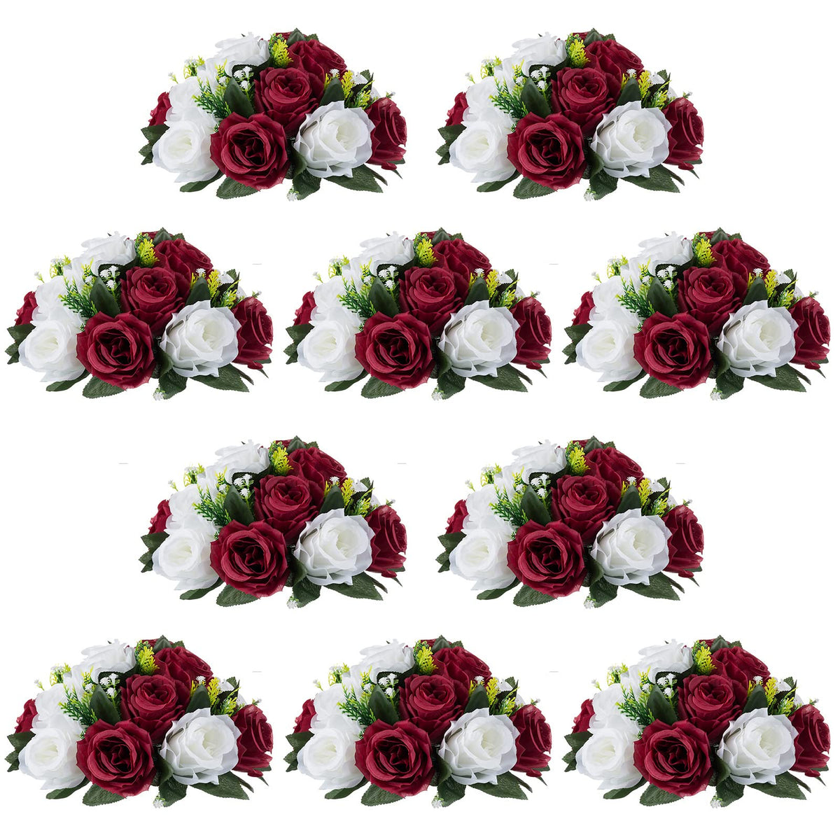 Nuptio Artificial Flower Centrepieces for Tables - 6 Pcs Burgundy & Dusty Rose & Creamy White Fake Flowers Roses Balls 9.5in Diam - Silk Faux Rose Arrangement for Wedding Party Centerpiece Table Decor